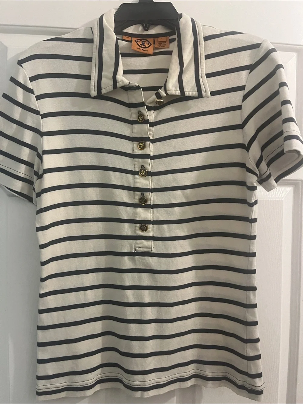 Tory Burch Women’s Striped Polo Shirt - Cream & Black